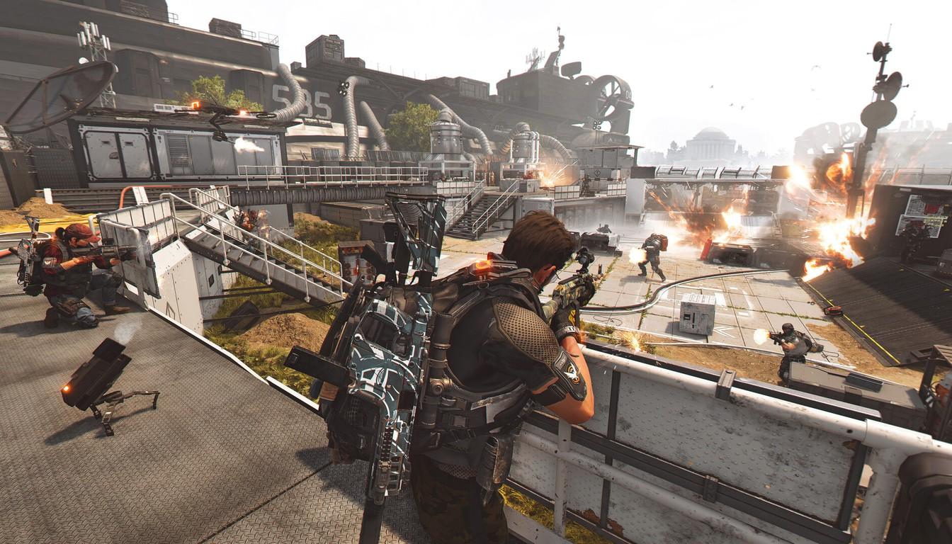 Agent with a combat drone on a deck amid explosions and gunfire
