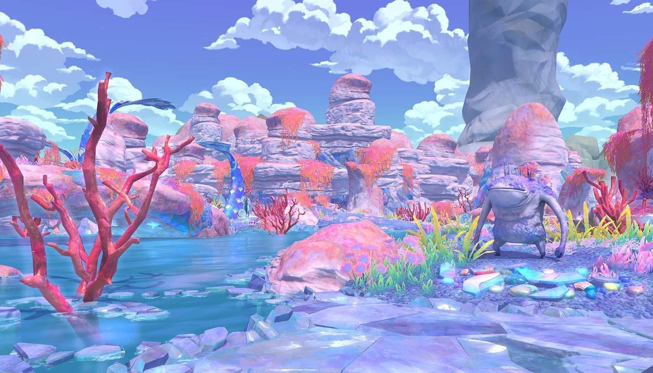 A coral lagoon with pink coral and rock formations