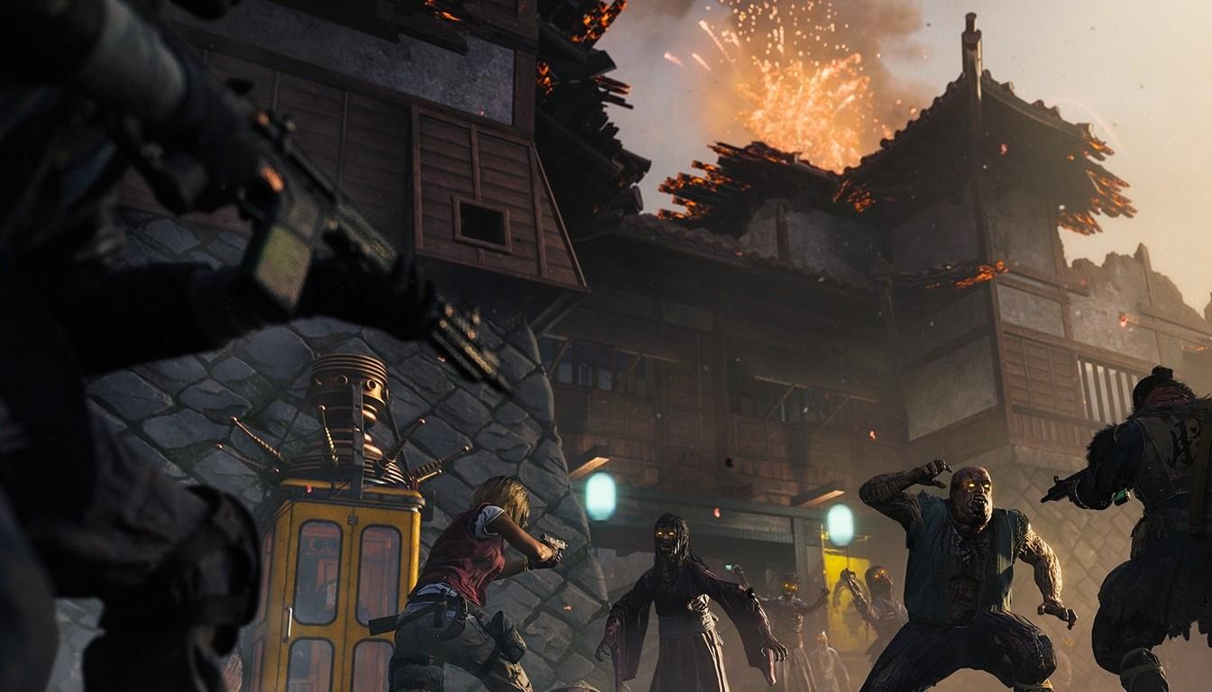 Zombies and a squad near the Japanese castle in Black Ops 7 Zombies