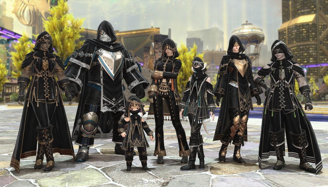A group of characters in black armor sets with gold trim, the Mistwake gear rewards