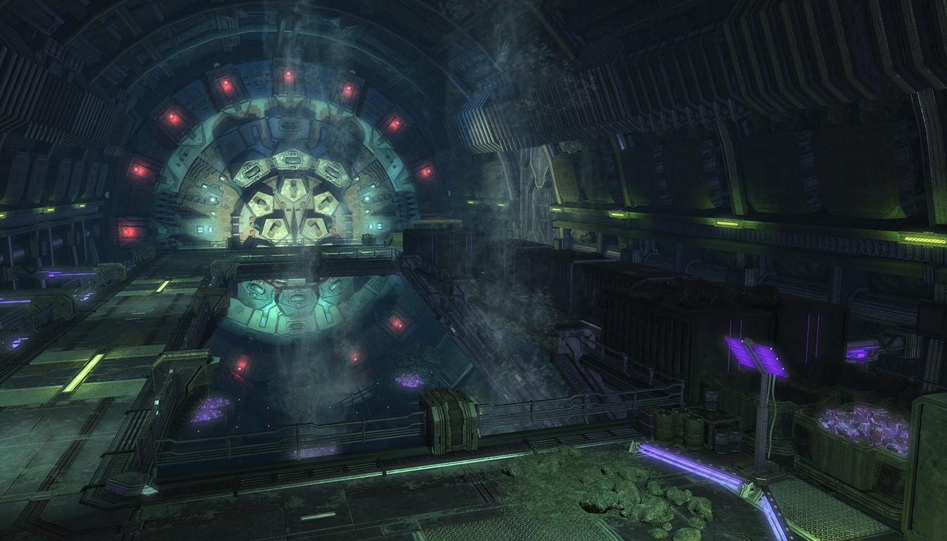 Industrial hall with a round gate and red lights