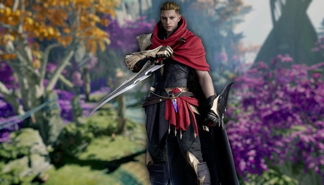 An assassin in a red cloak with blades standing among purple plants