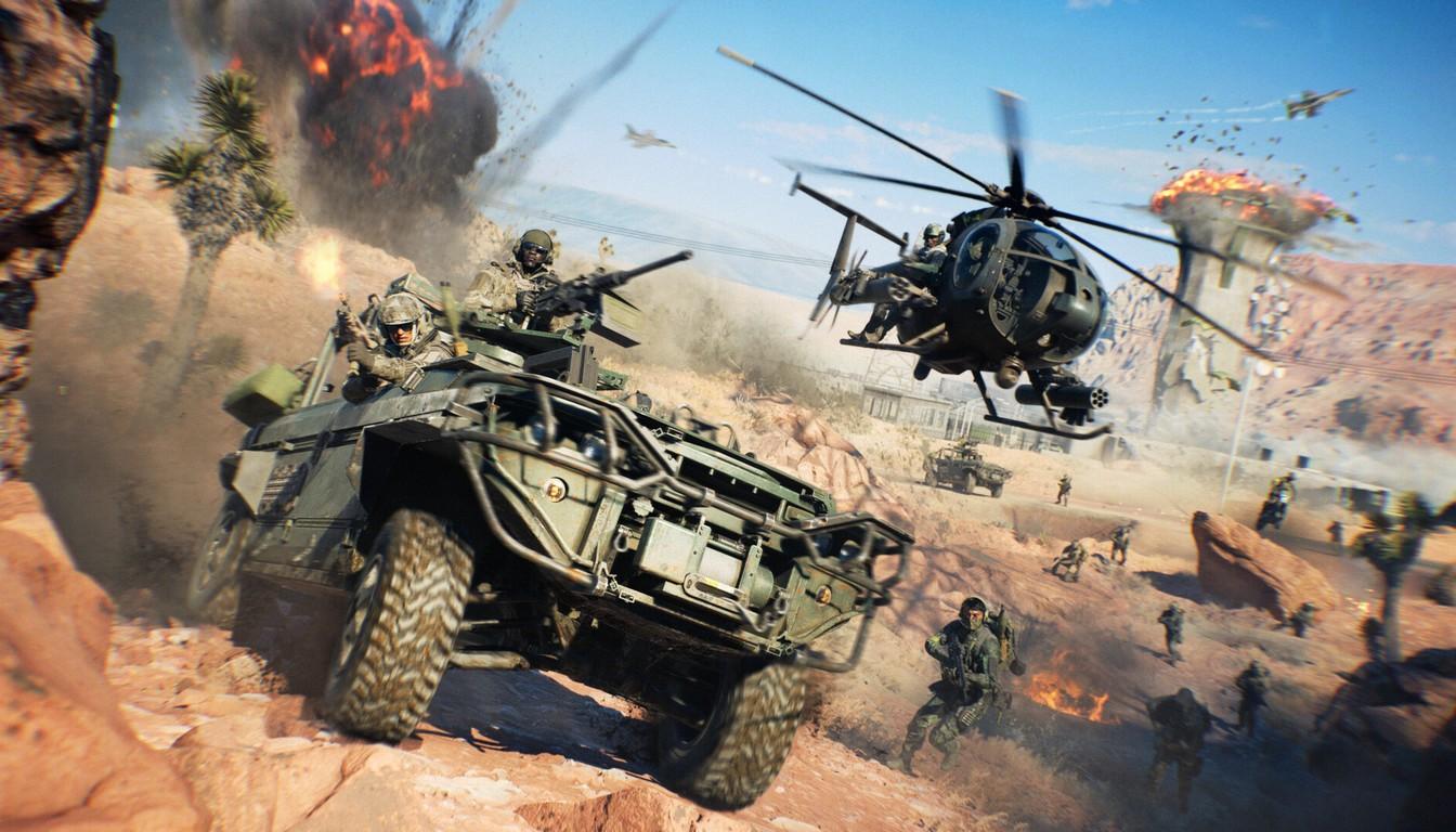 Armored buggy speeding across the desert with a helicopter overhead