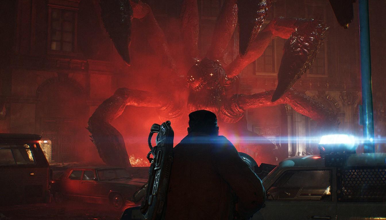 A soldier by a vehicle against a red glow and the silhouette of a huge enemy