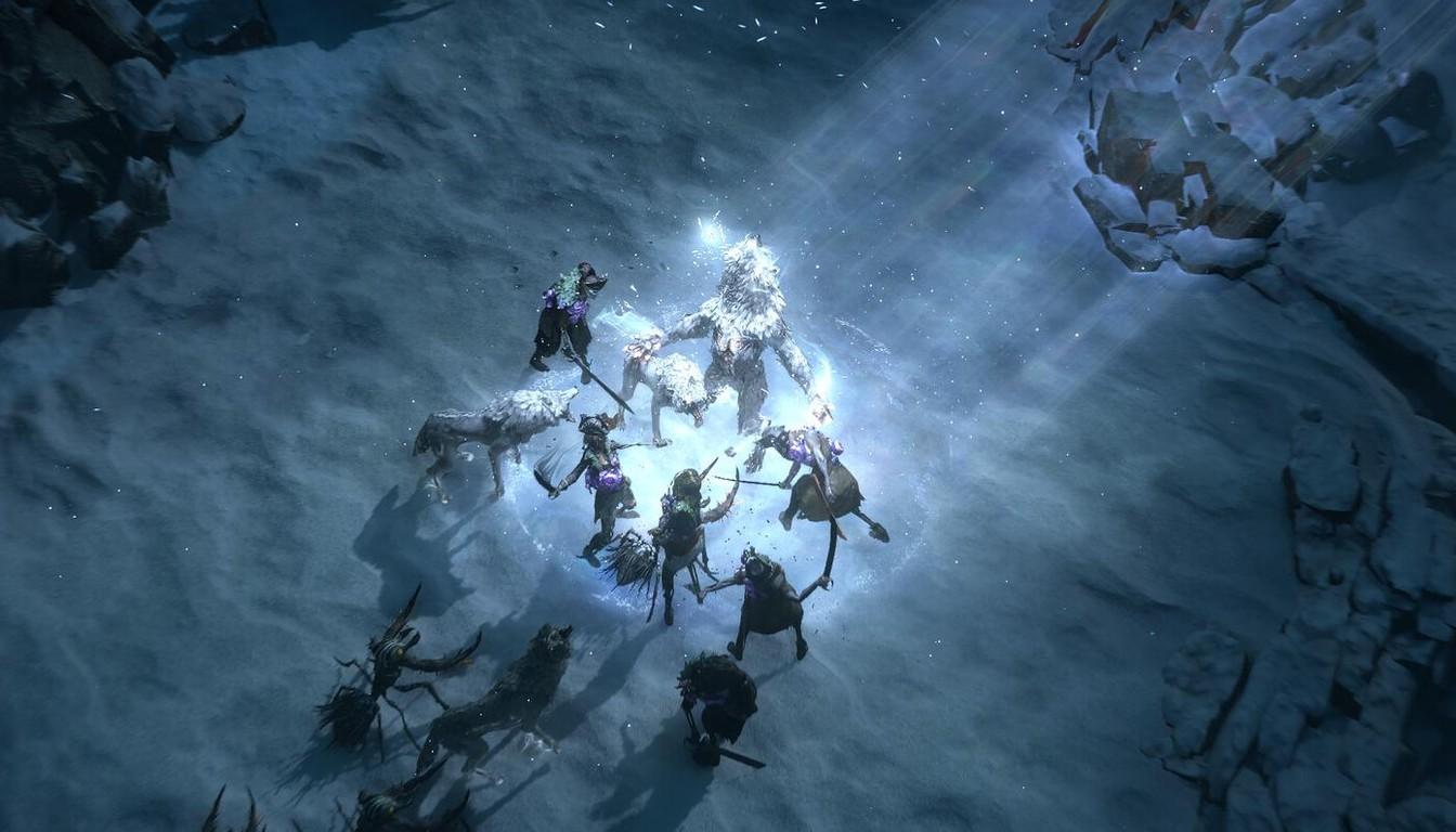 Top-down view of a crowd of enemies on snow with a bright white burst in the middle