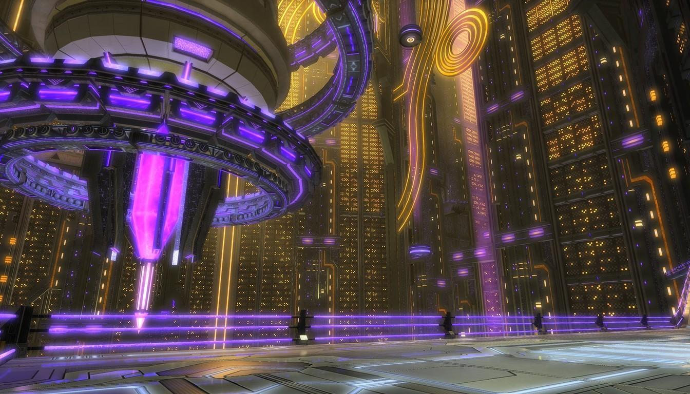 Futuristic hall with neon yellow and purple lighting and glowing towers