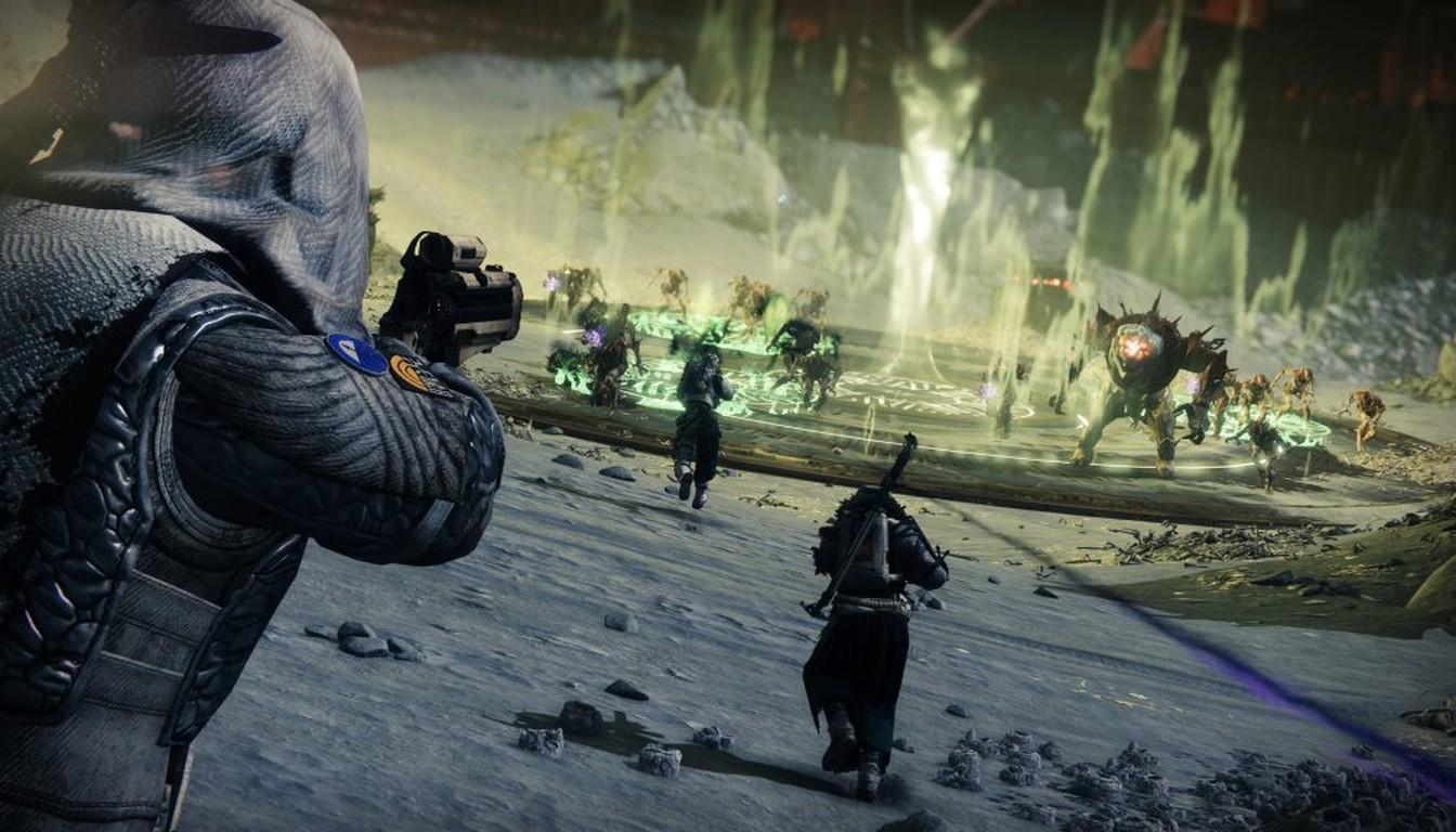 Guardians aiming at a group of enemies in an open area