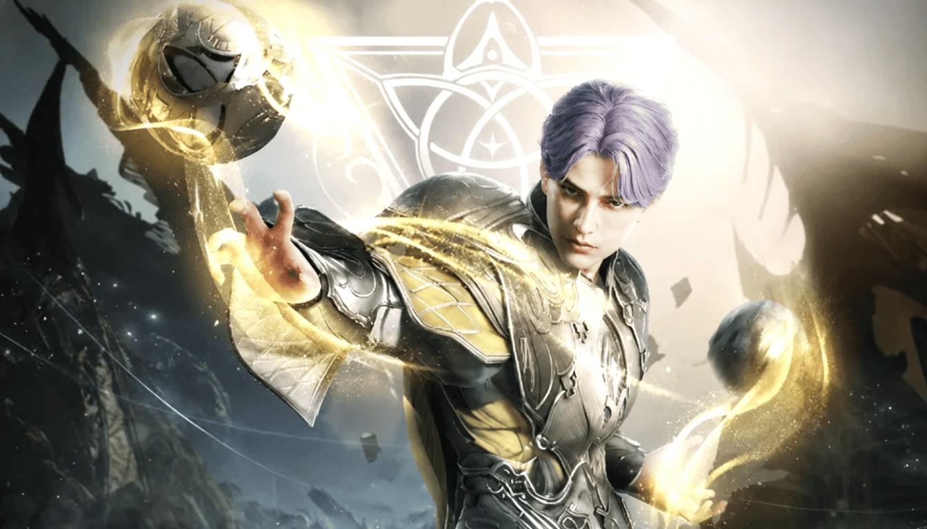 A purple-haired mage holding glowing golden spheres of magic