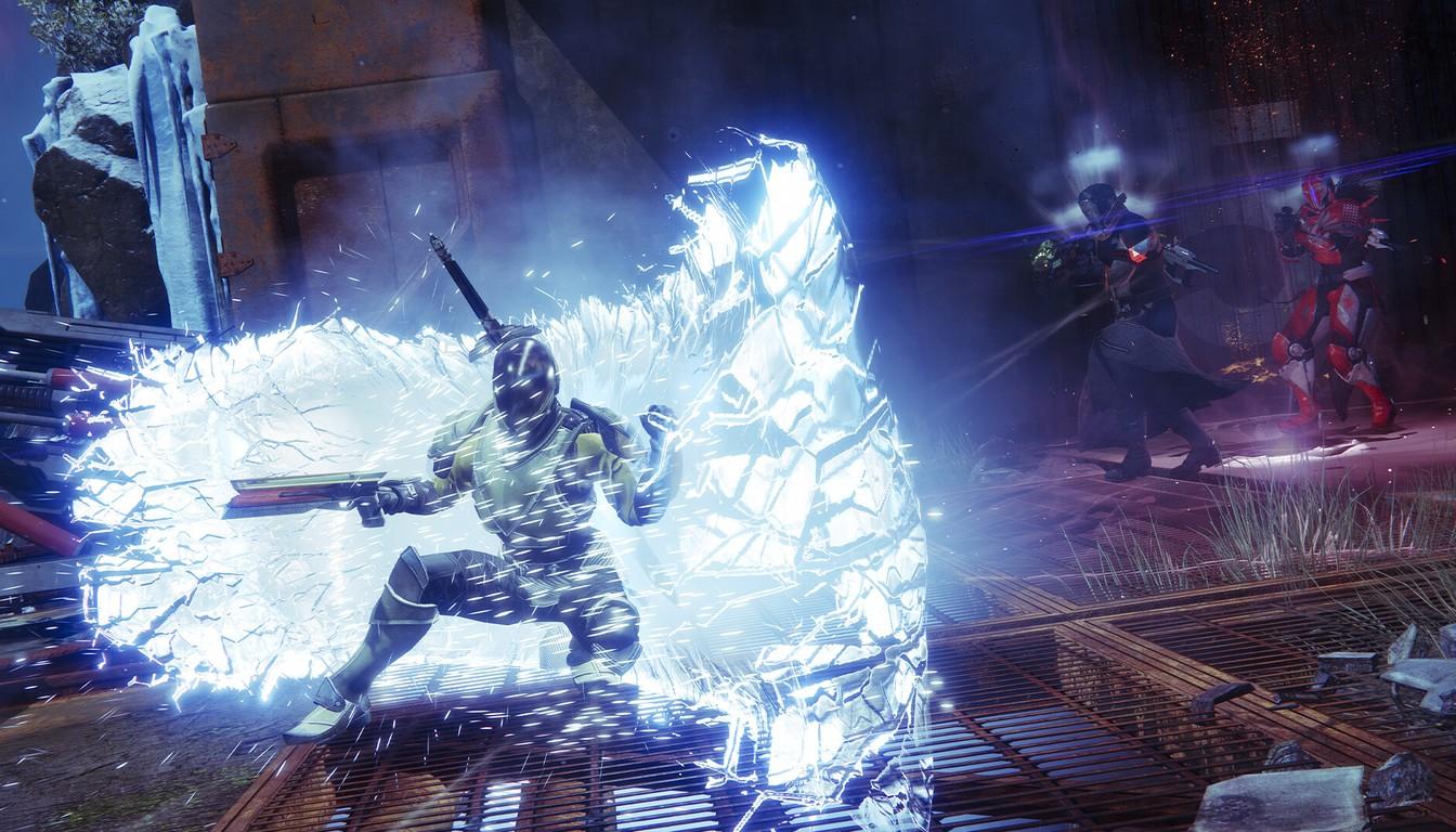 Guardian with a weapon amid an icy burst in combat