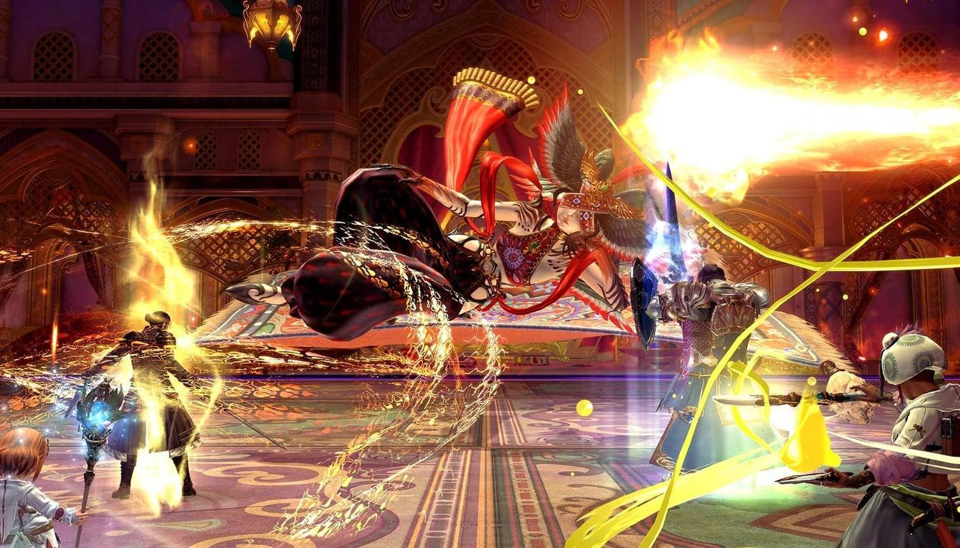 A party fighting a boss in an ornate hall as a fire beam sweeps the floor