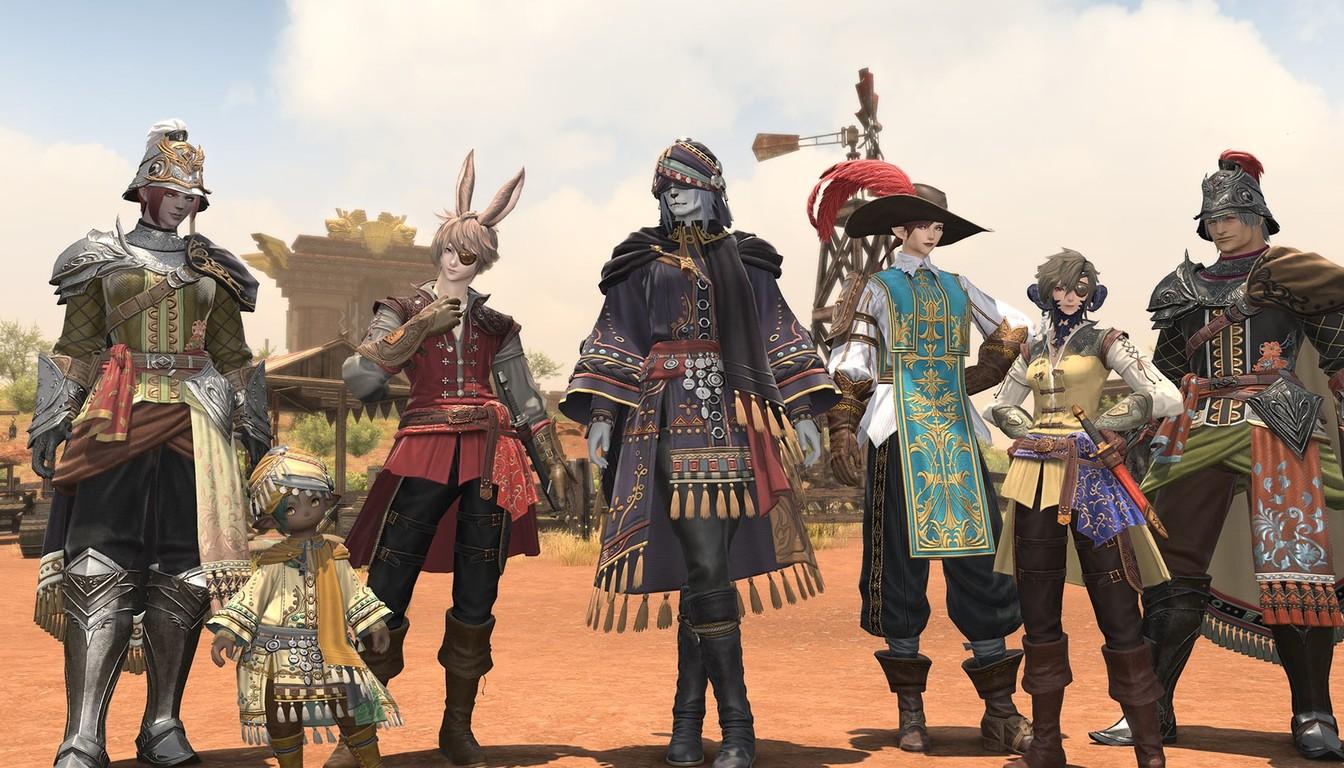 A group of adventurers in varied gear standing on a sunlit plaza