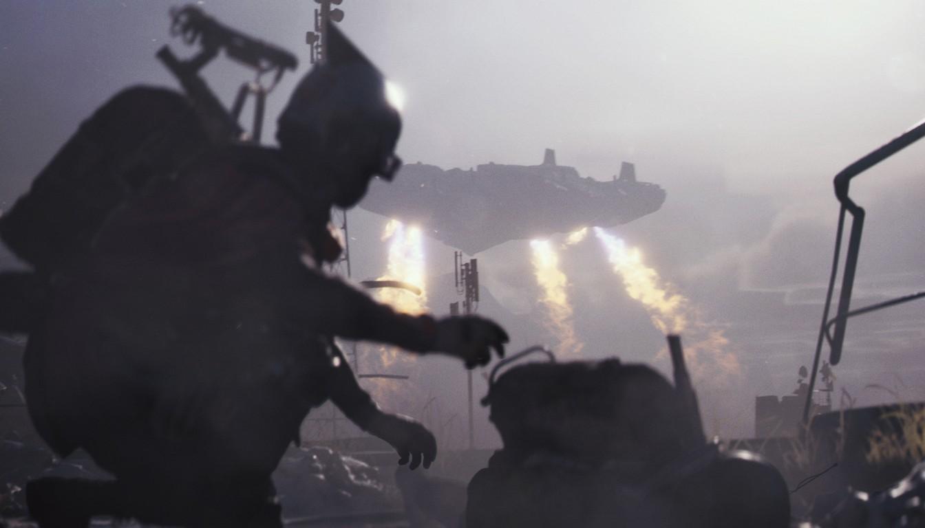 Silhouette of a Raider with the Frigate hovering in the mist above