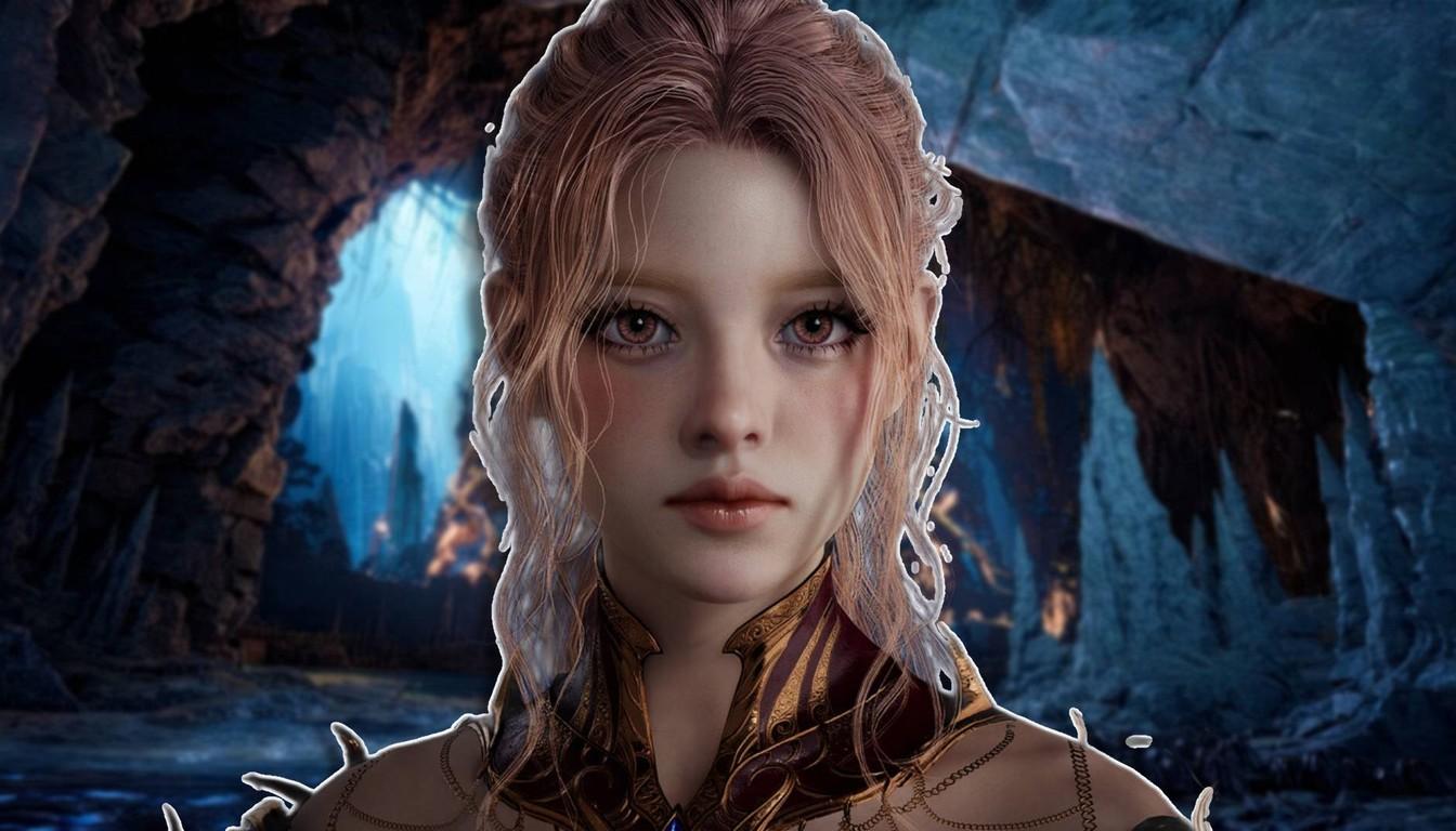 Светловолосая героиня Aion 2 на фоне освещённой пещеры