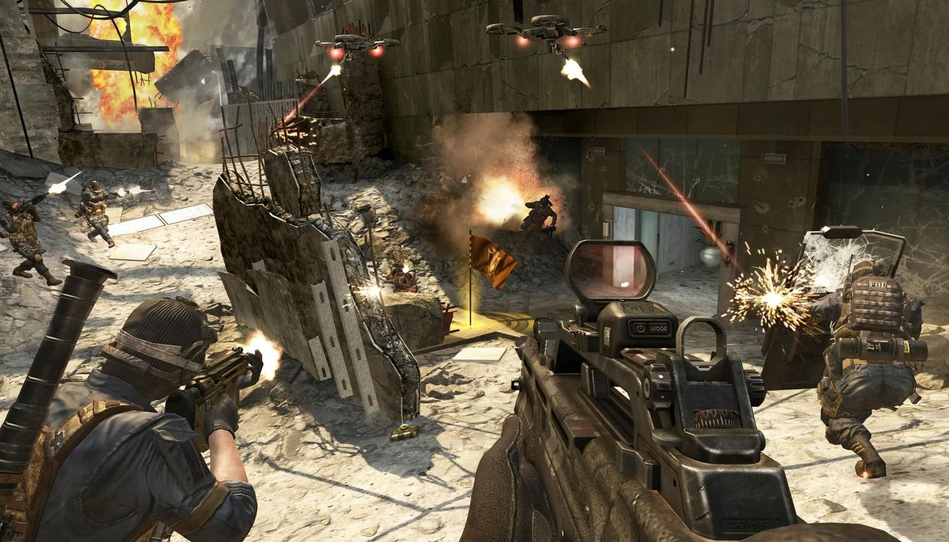 Бой на короткой дистанции в Black Ops 2: игрок стреляет среди обломков