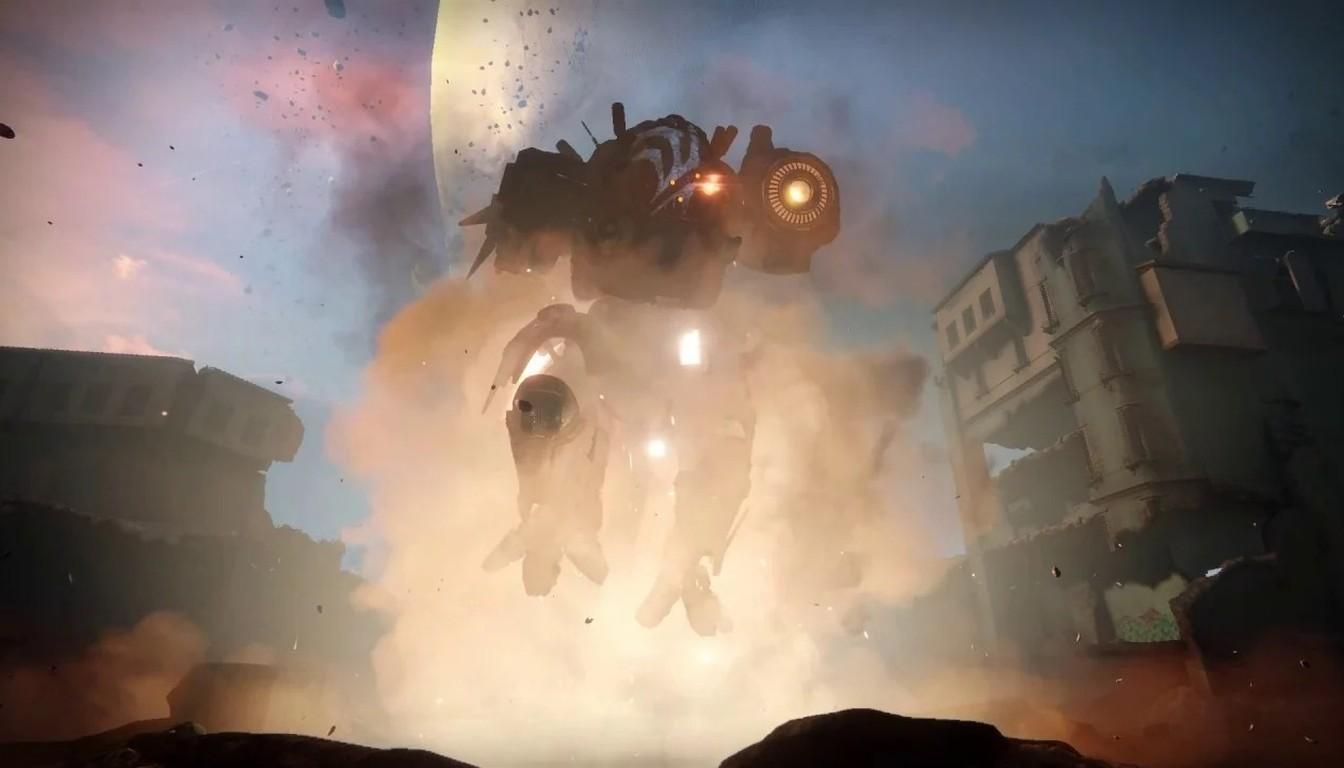 A giant mech rising out of a cloud of smoke and fire above the ruins