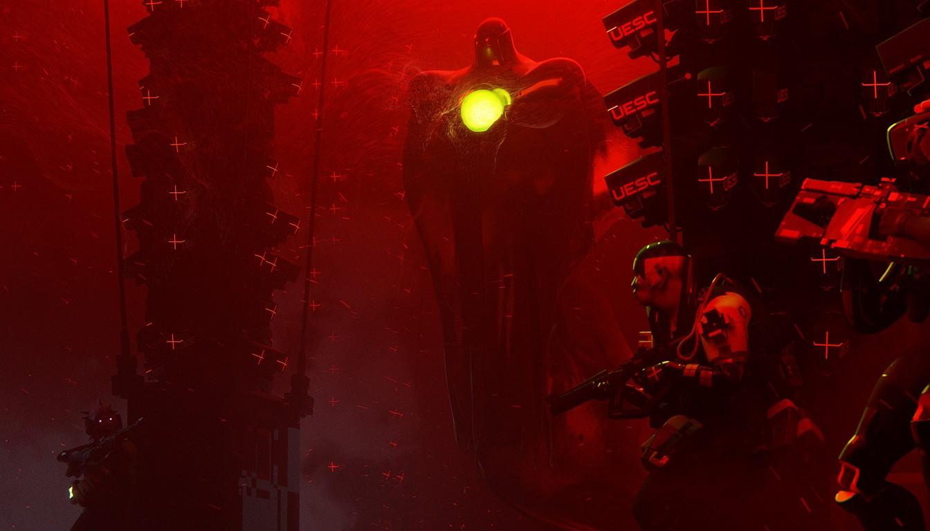 Towering Compiler with a glowing eye in red light above a squad of fighters