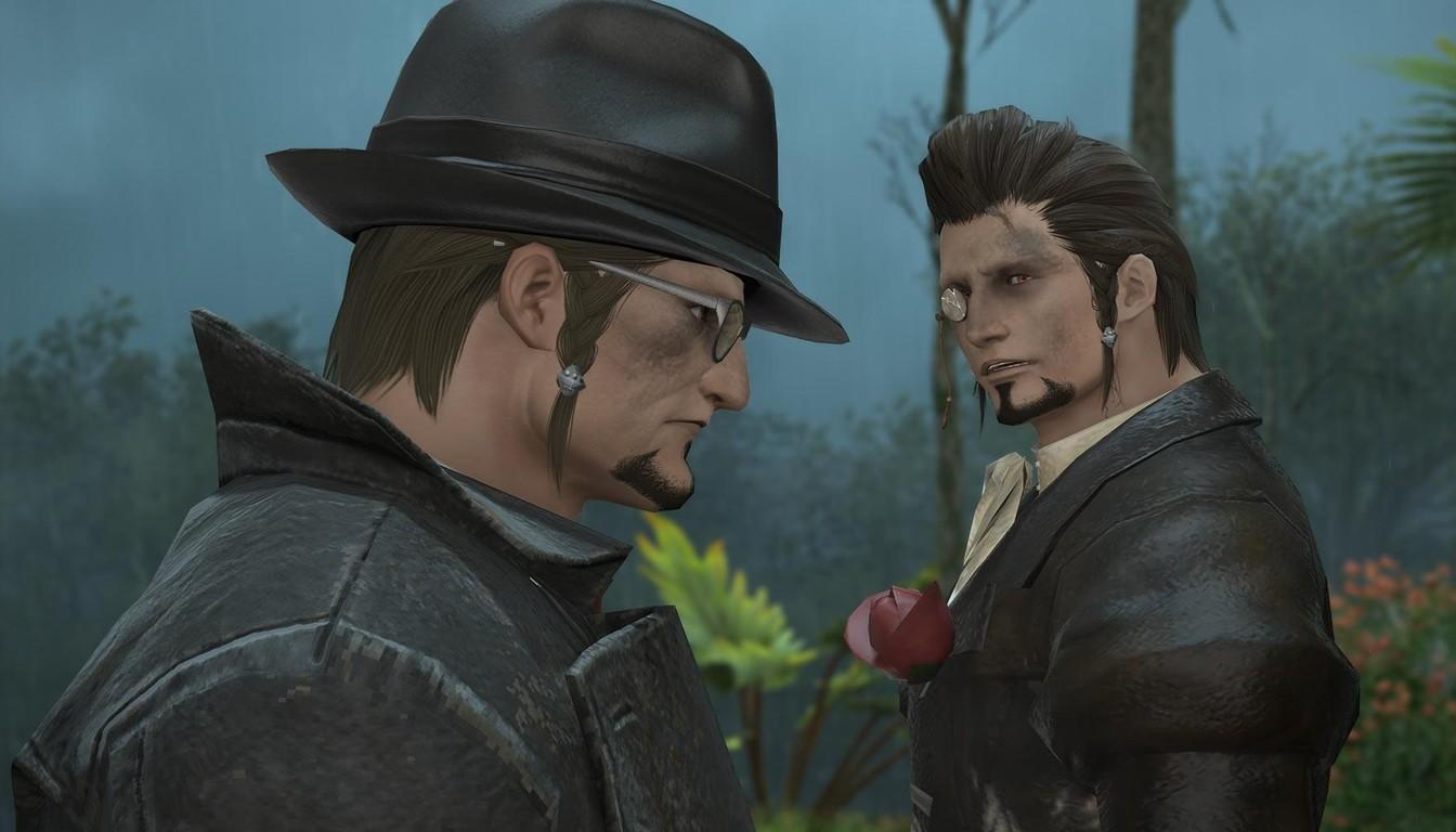 Two men in dark jackets passing an apple to each other against a jungle backdrop