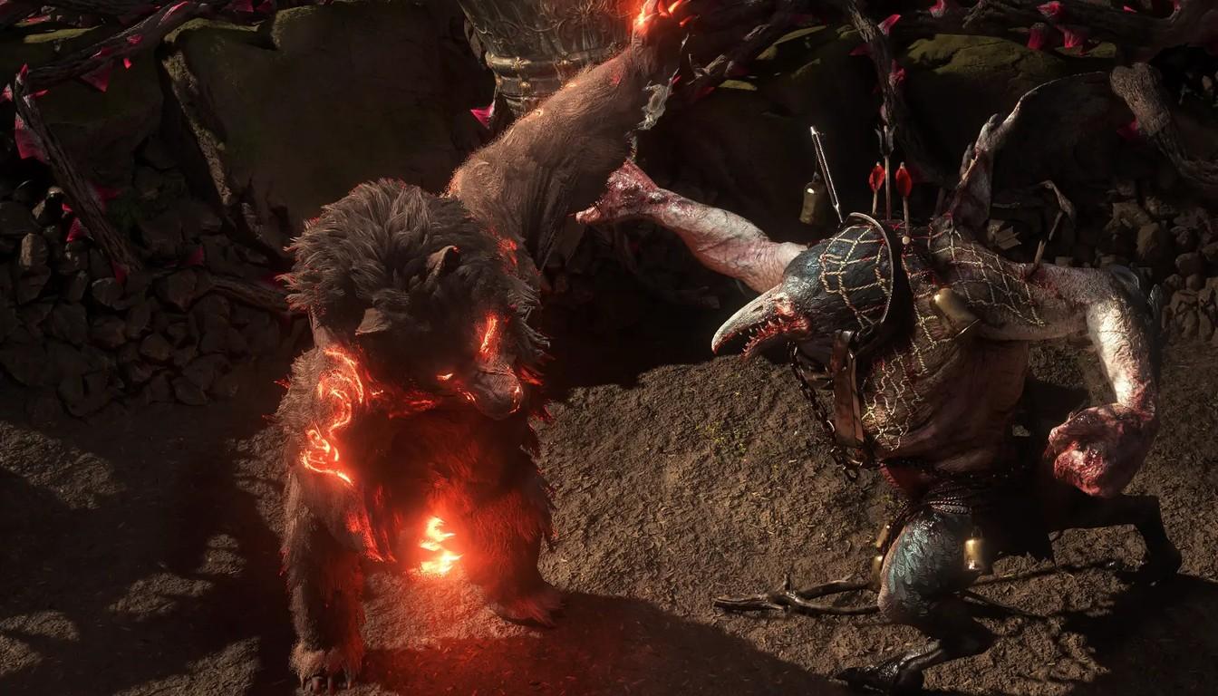 Druid in beast form grappling with a monster on an arena floor