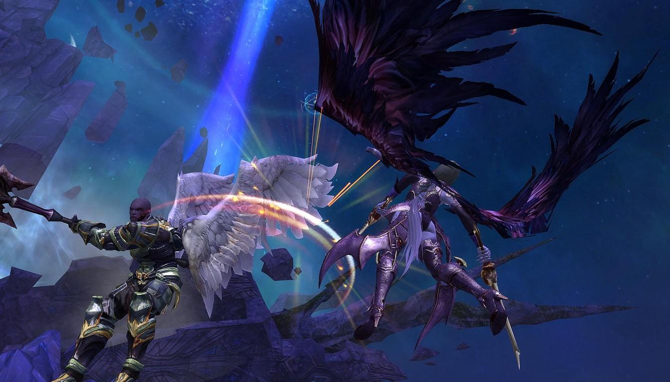 Warrior in heavy armor with wings fighting a dark winged creature