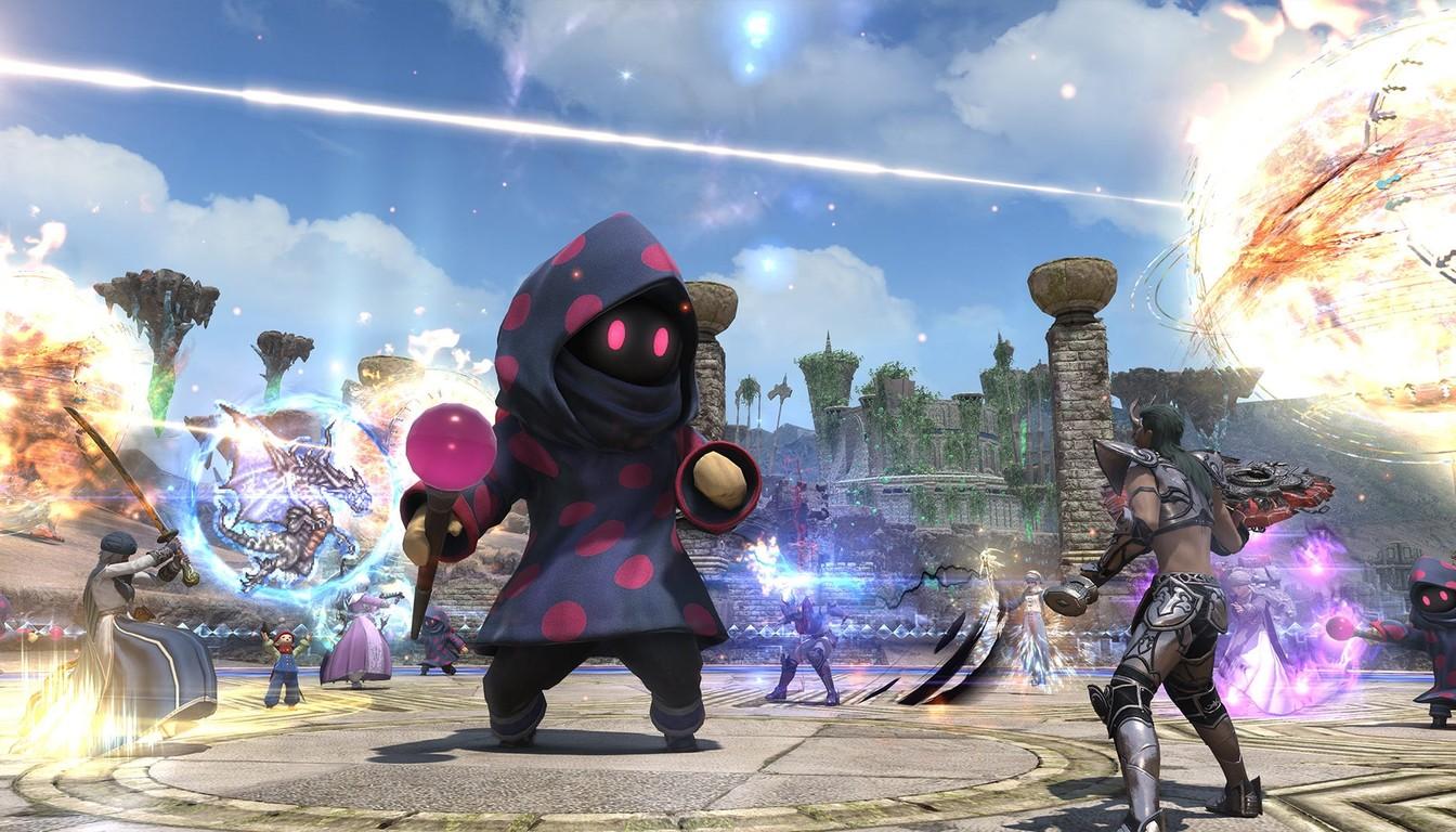 Small hooded mage and spell bursts in combat at Occult Crescent