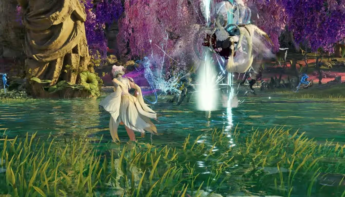 Character in light robes fighting a monster among water and blossoming trees