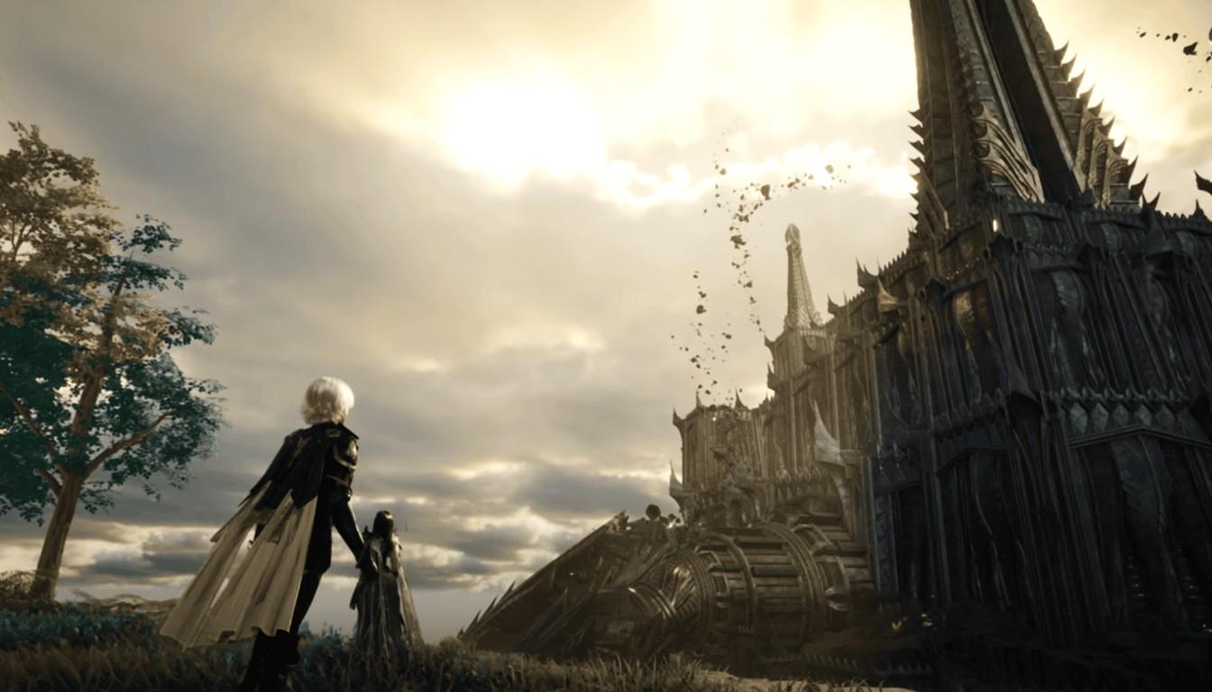 AION 2 hero in a cloak looking at a dark gothic cathedral under clouds