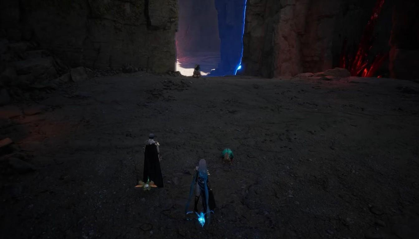 Two armored AION 2 characters at the entrance of a rocky gorge