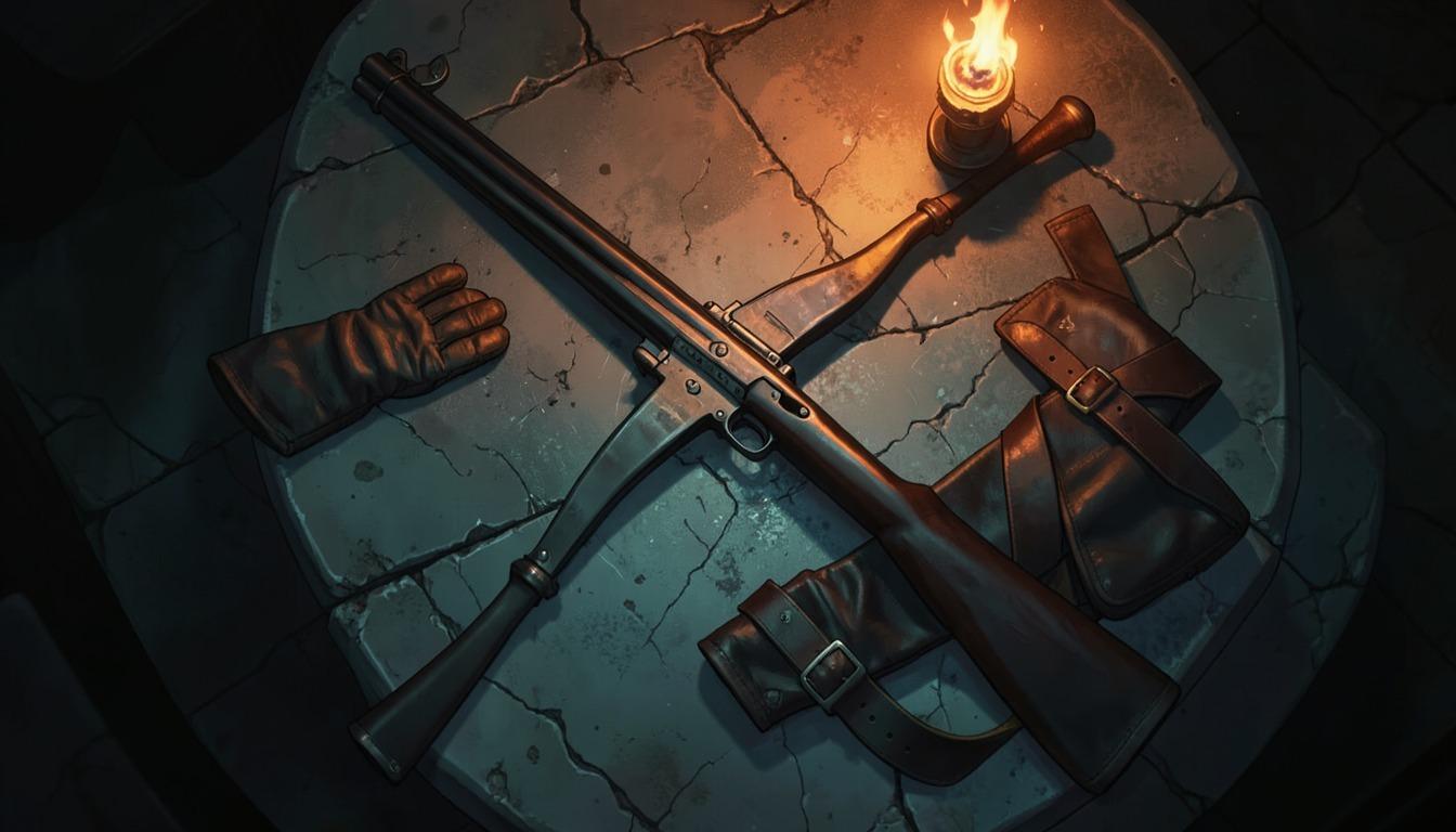 Heavy crossbow, leather gloves and a belt on a stone table
