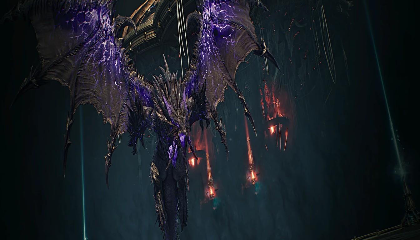 A winged purple boss looming over a party on a dungeon arena in AION 2