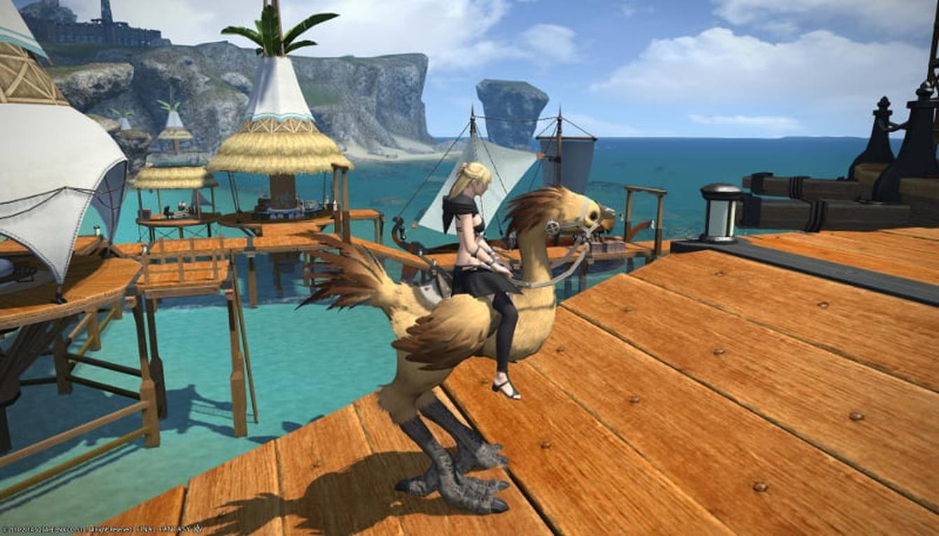 A chocobo and its rider on a wooden seaside pier