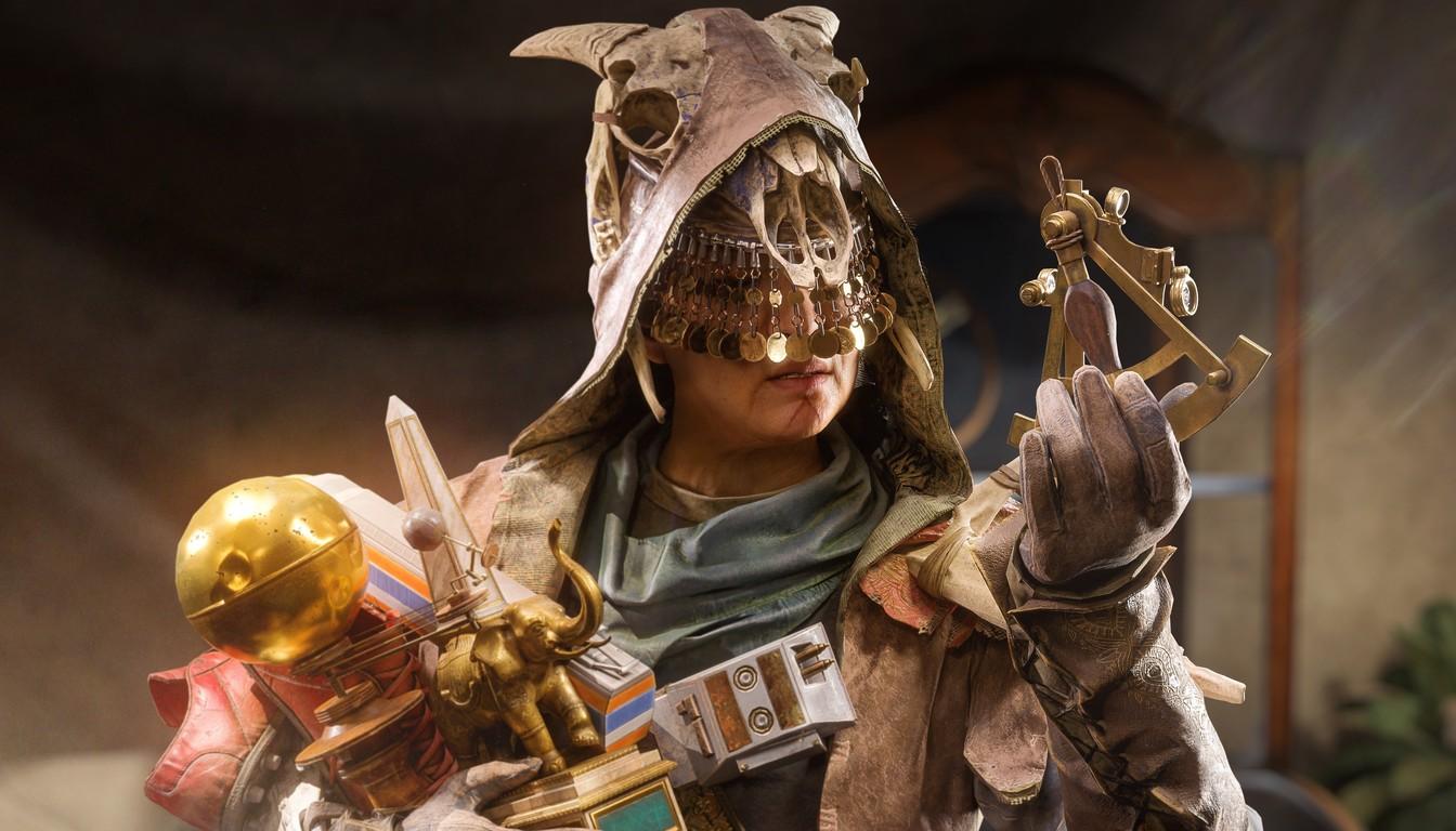 Raider in a skull-style mask and hood holding gilded trinkets
