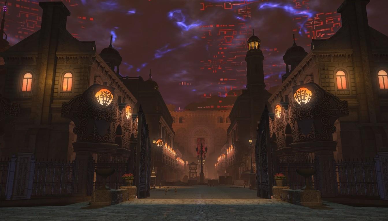 Empty street of the city of Treno with warm lights in the windows, the setting of the Mistwake dungeon