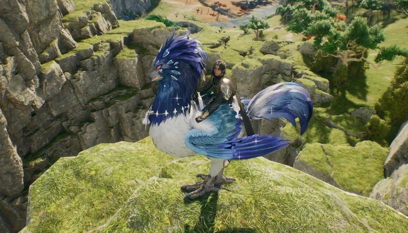 Armored rider on a large blue bird mount on a rocky plateau