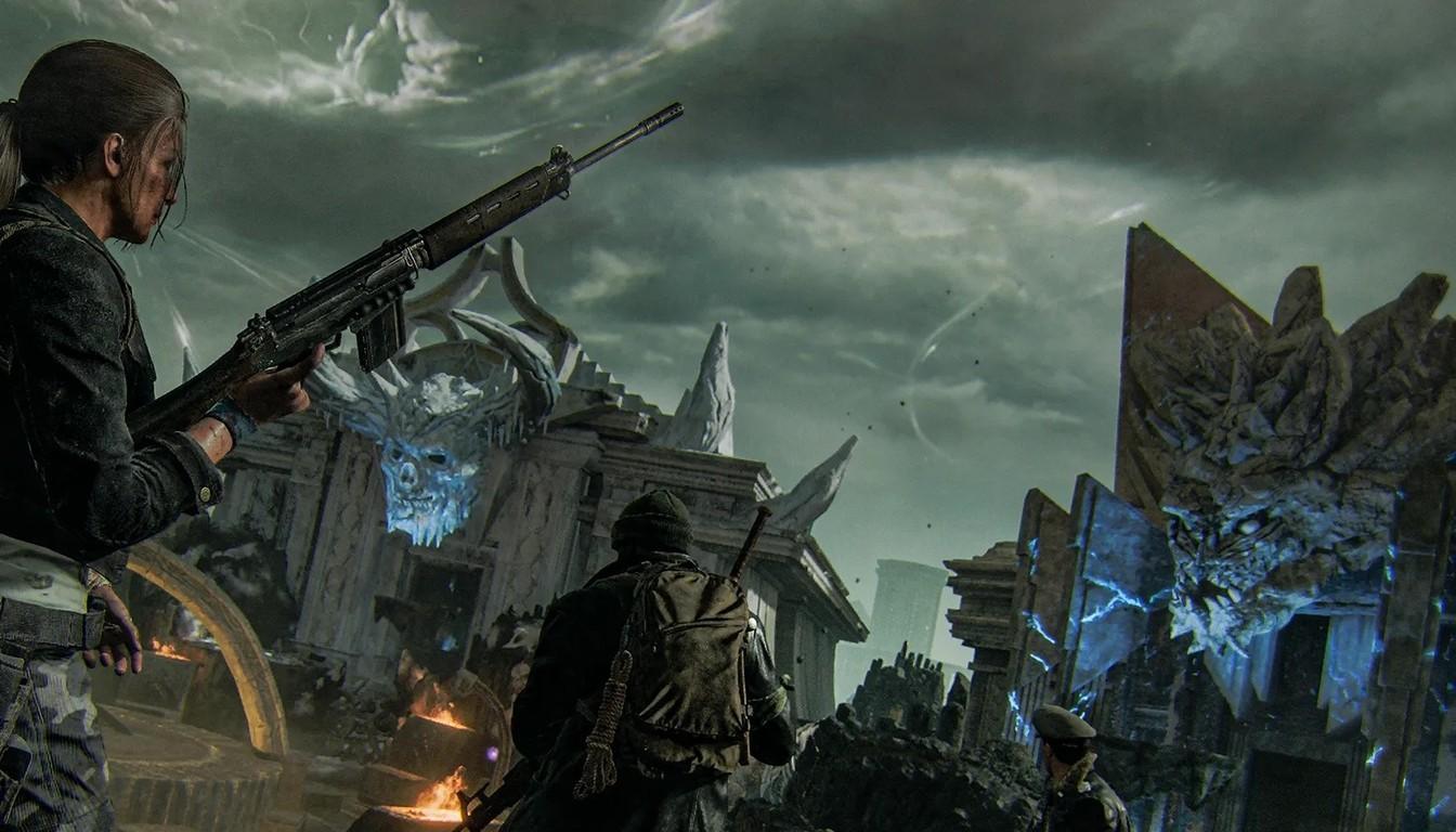 Survivors by ruined stone structures with statues glowing blue