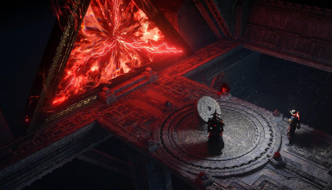 Red portal in a temple wall with two characters on a stone platform