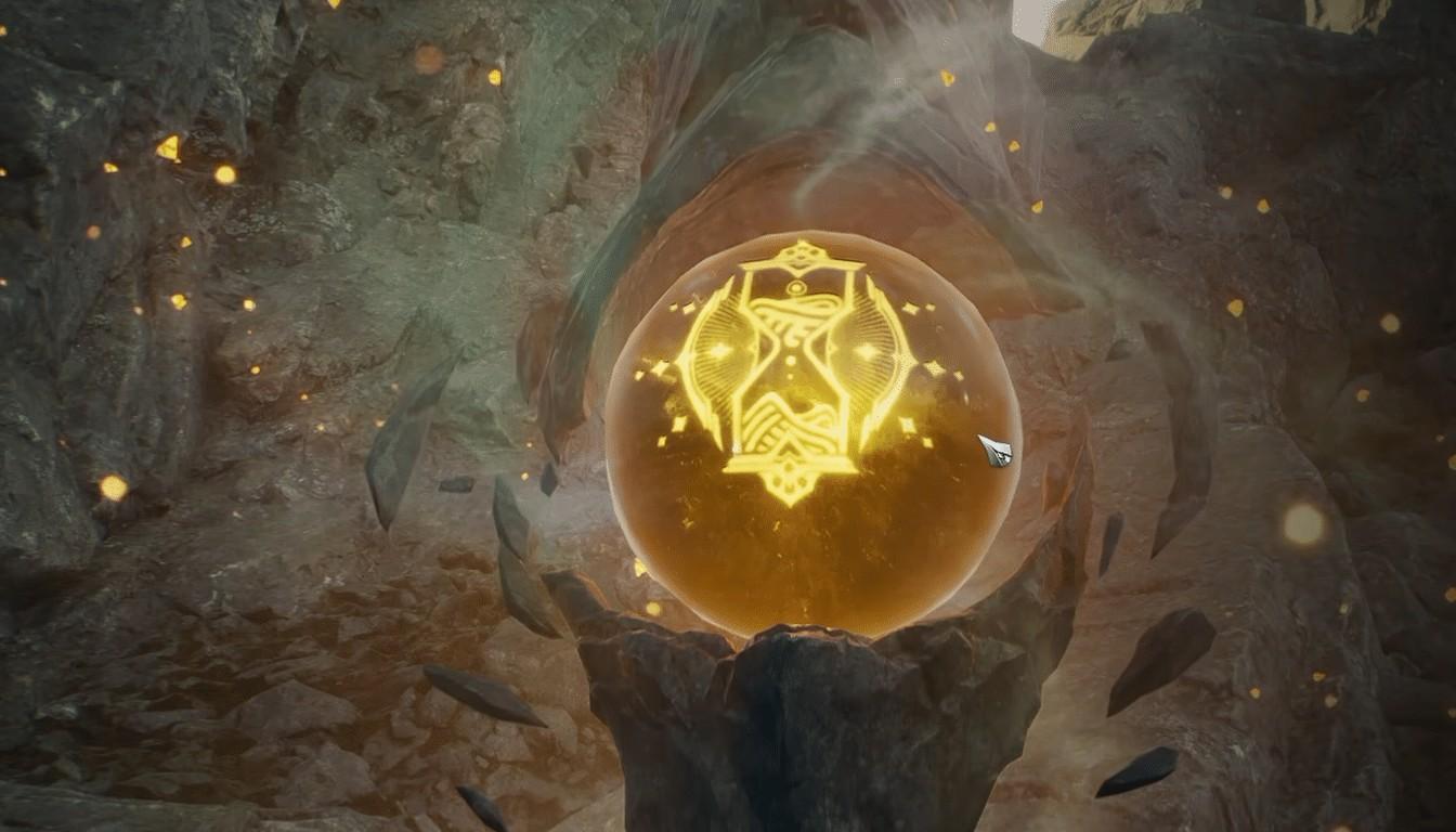 A glowing golden orb with an emblem in a cave in AION 2
