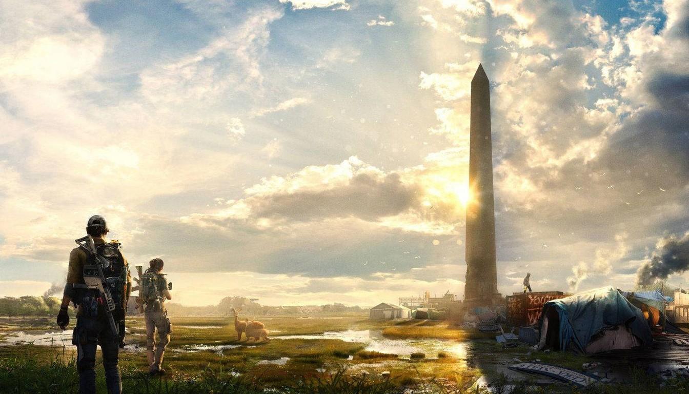 Two Agents walking across an overgrown field toward an obelisk at sunset