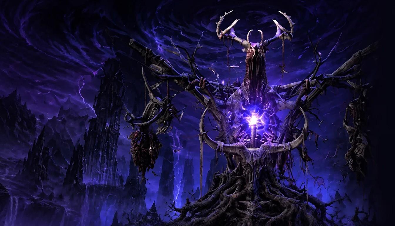 Dark altar with a horned silhouette and a glowing violet core