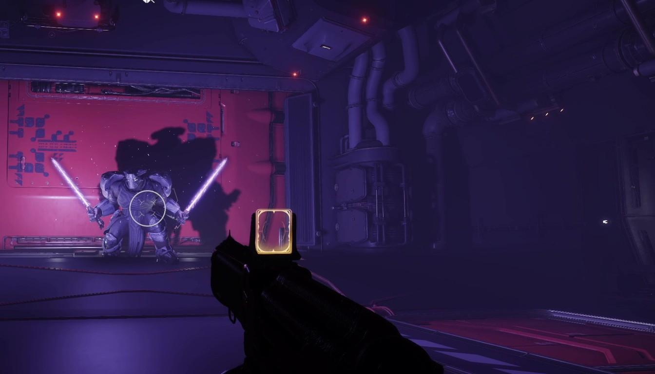 A dark arena with a large boss flanked by two glowing blades