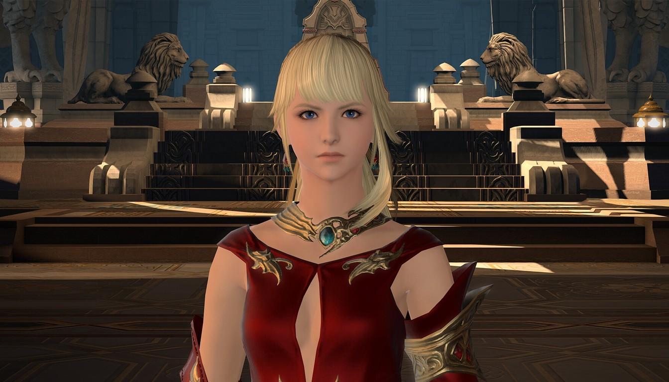 Лиза в красном платье стоит в зале с колоннами и львами в Final Fantasy XIV