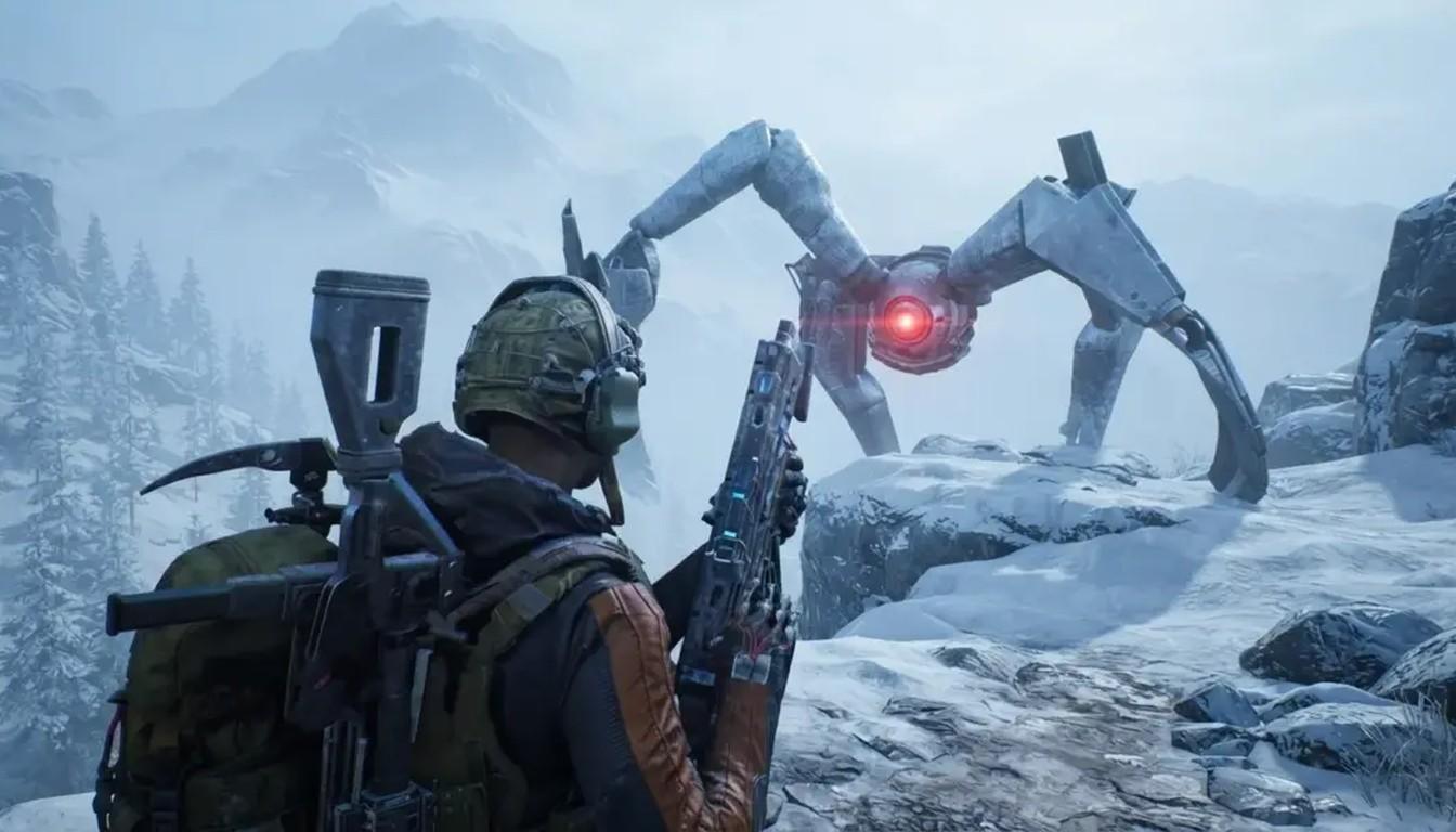 A raider with a rifle facing a spider-like ARC enemy in the snow