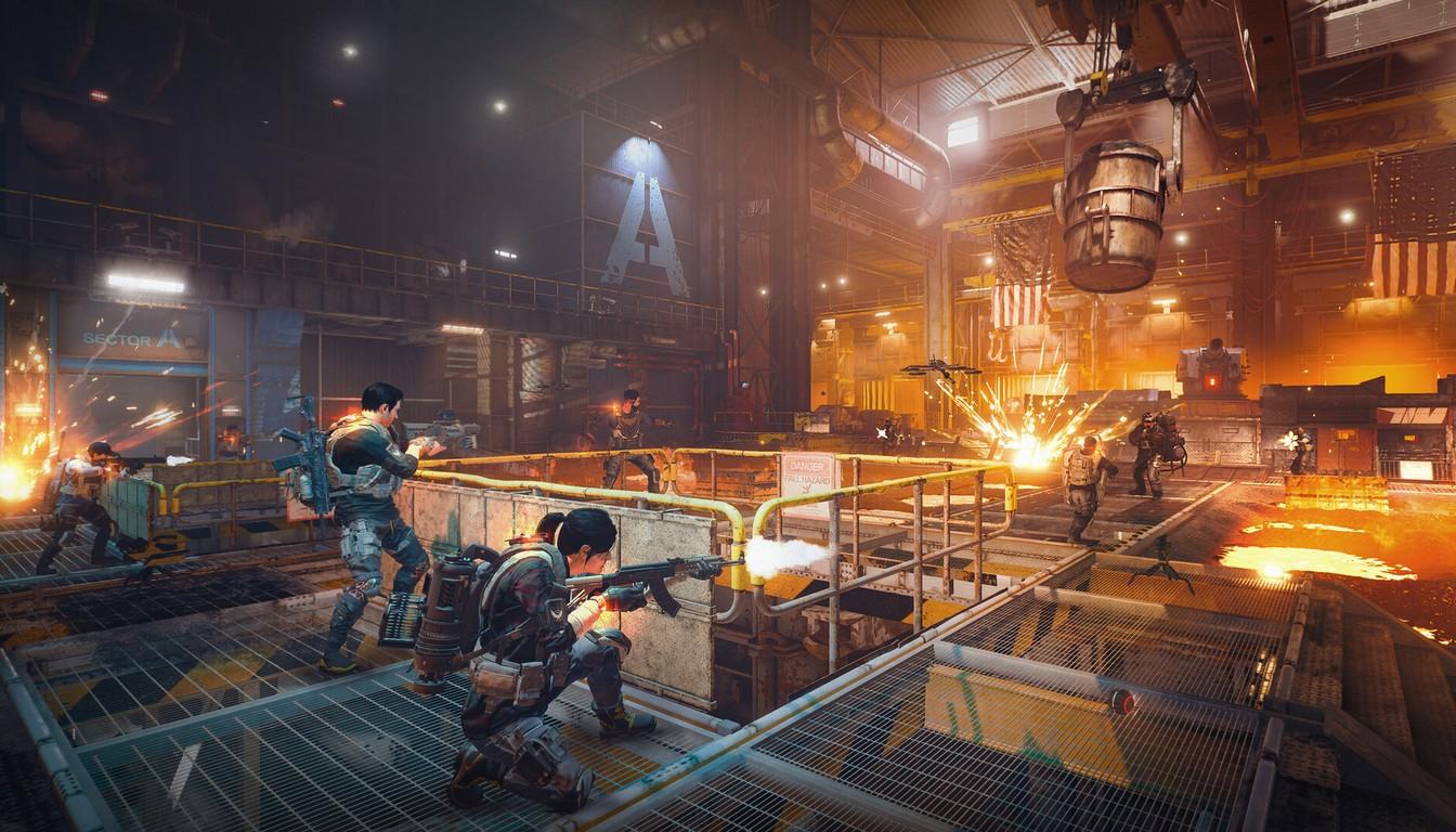Agents firing from metal catwalks in a burning industrial hall