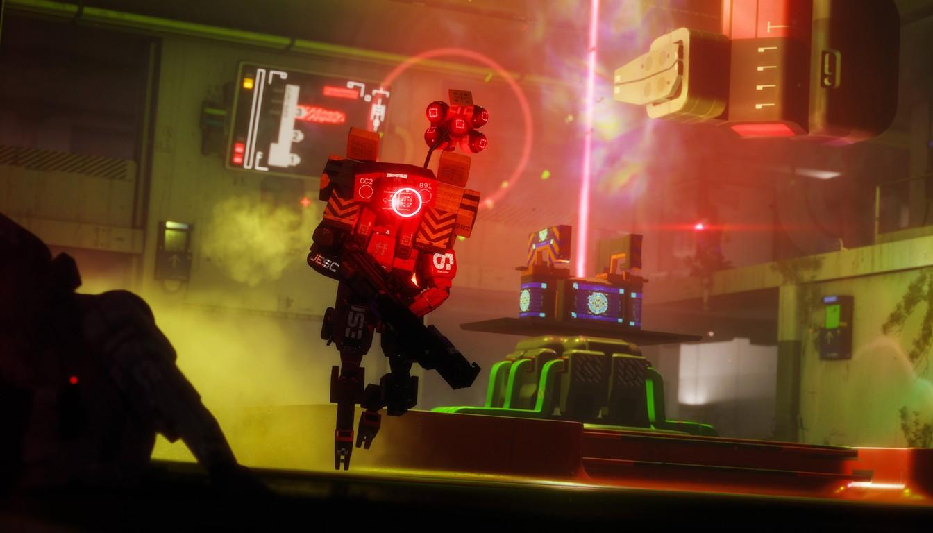 A security robot with a red sensor in a dimly lit room of an underground complex