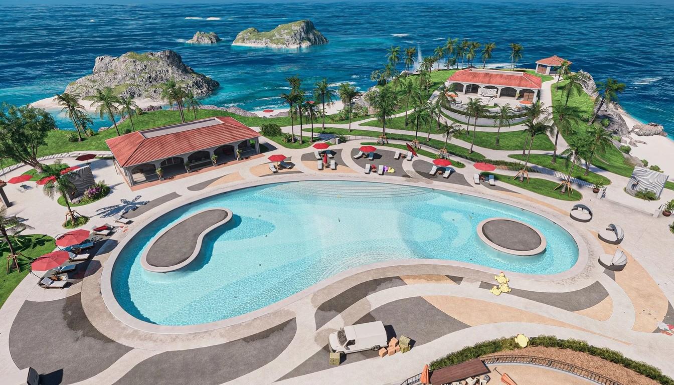 Aerial view of a tropical island with a resort pool and palm trees