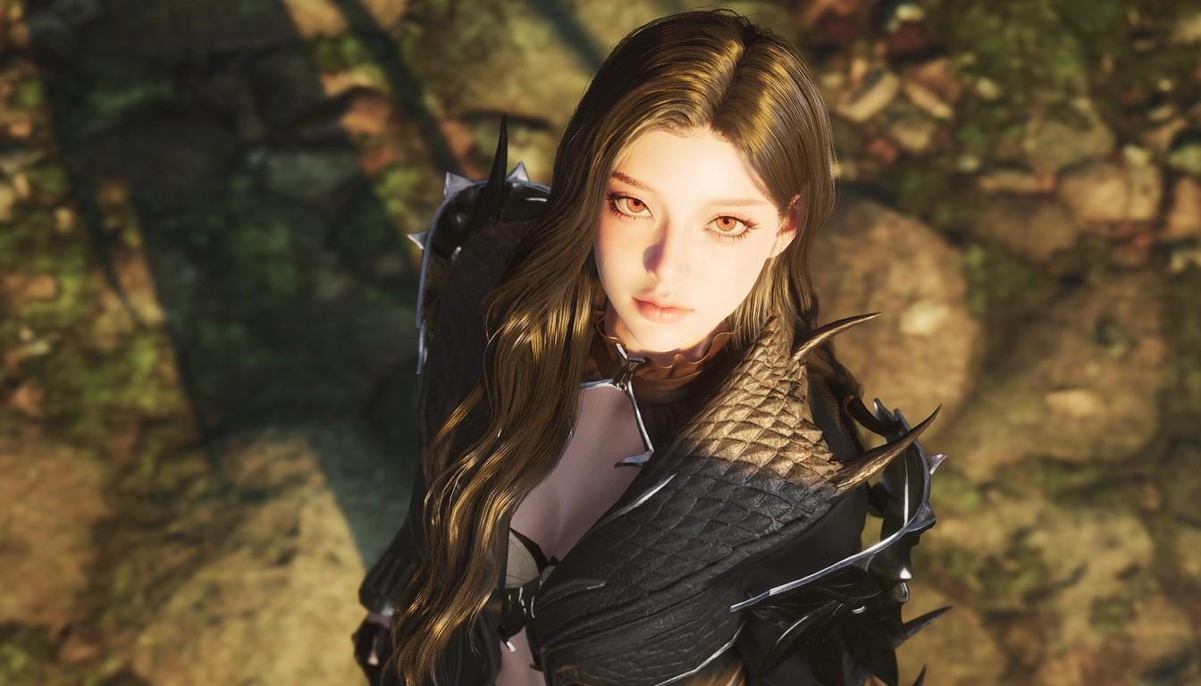 Close-up of an AION 2 heroine in dark scaled armor