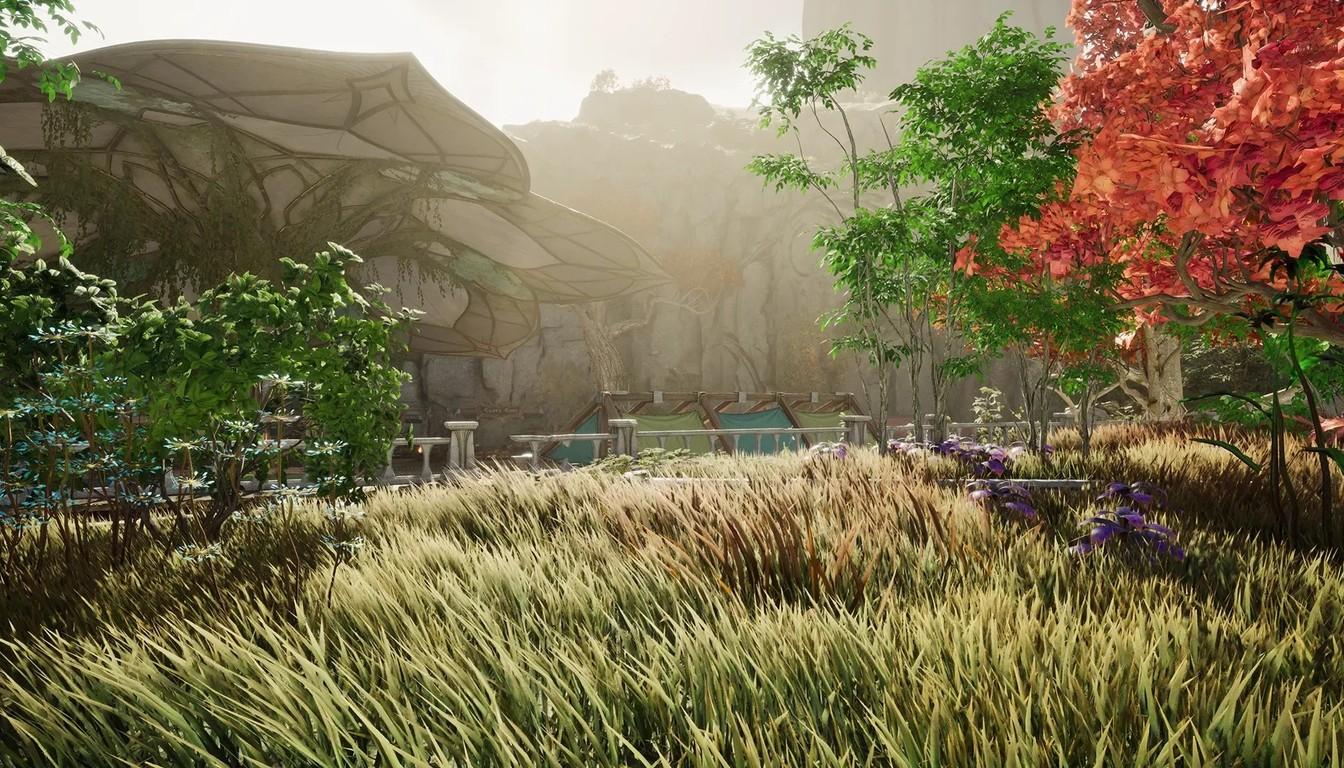 Sunlit meadow with tall grass, red-leaved trees and buildings in the distance in AION 2