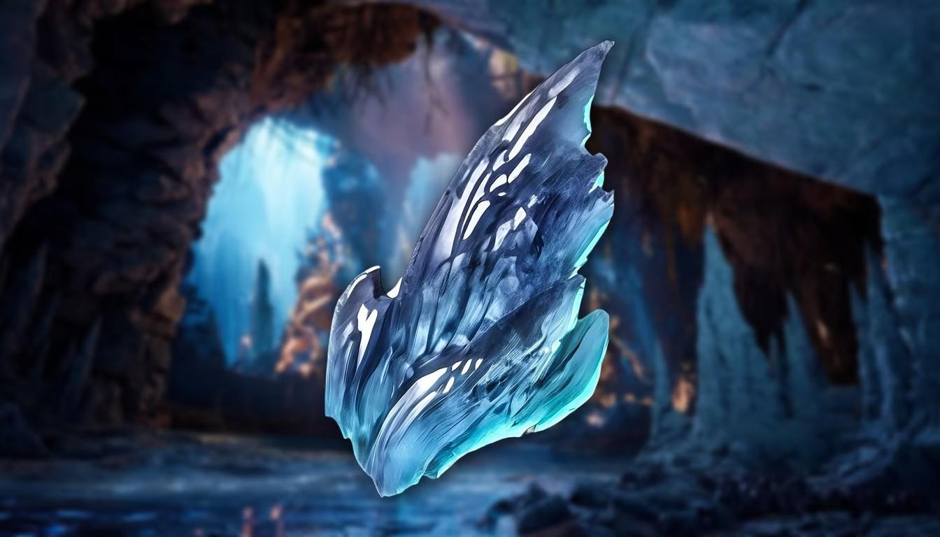 A large blue crystal in a glowing cave
