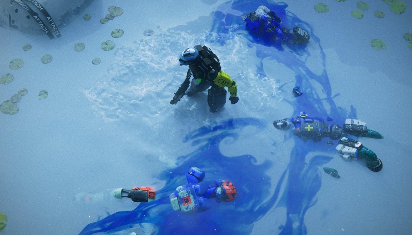 Top-down view of fighters in shallow water stained with blue liquid among fallen teammates