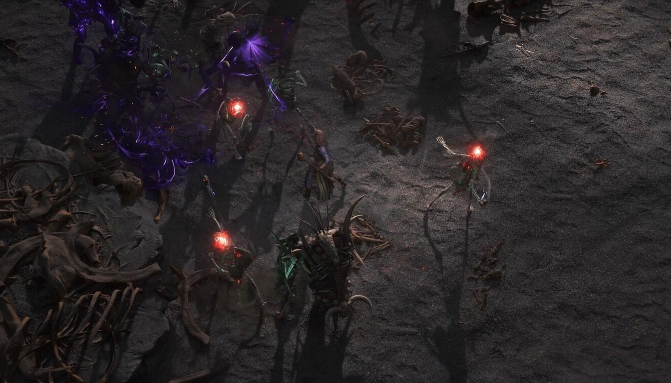 Violet rifts and red lights among bones and dark roots on rocky ground