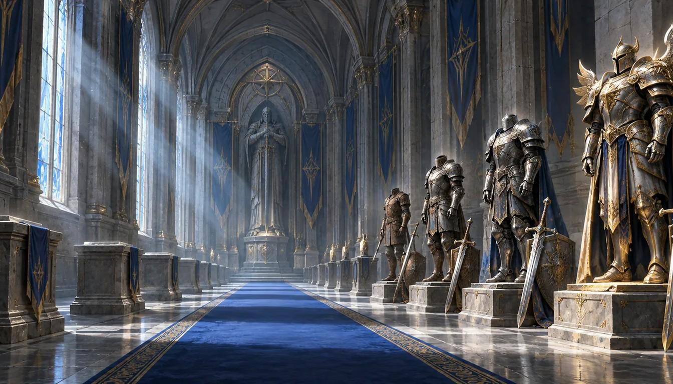 Row of armored statues in a grand hall with a blue carpet